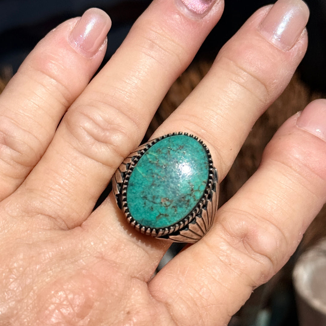 Vintage Navajo Sterling Silver & Turquoise Signet Ring Size 12