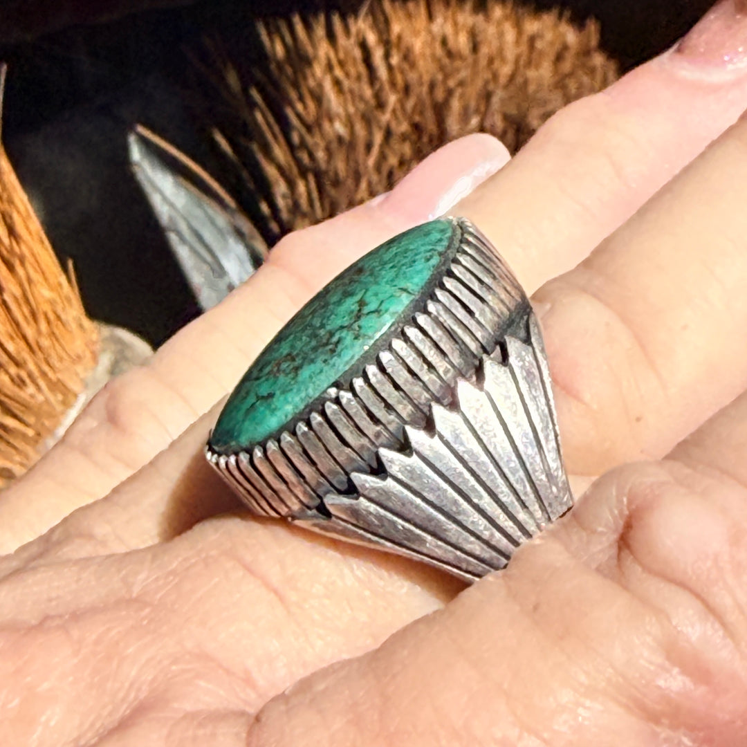 Vintage Navajo Sterling Silver & Turquoise Signet Ring Size 12