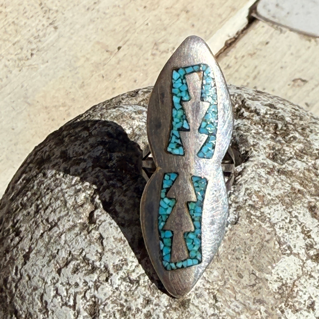 Vintage Navajo Sterling Silver & Turquoise Shiprock Mosaic Size 7