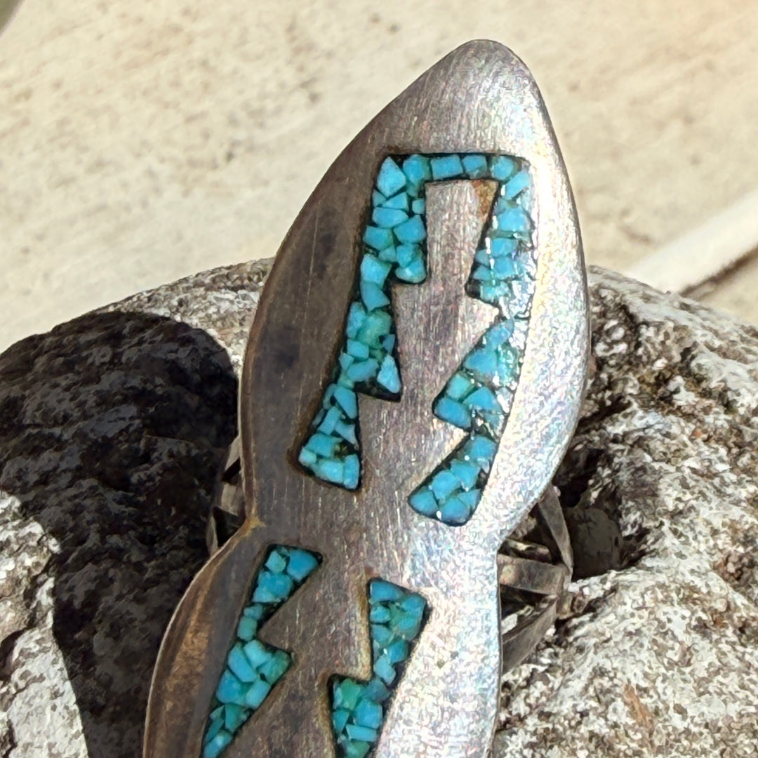 Vintage Navajo Sterling Silver & Turquoise Shiprock Mosaic Size 7