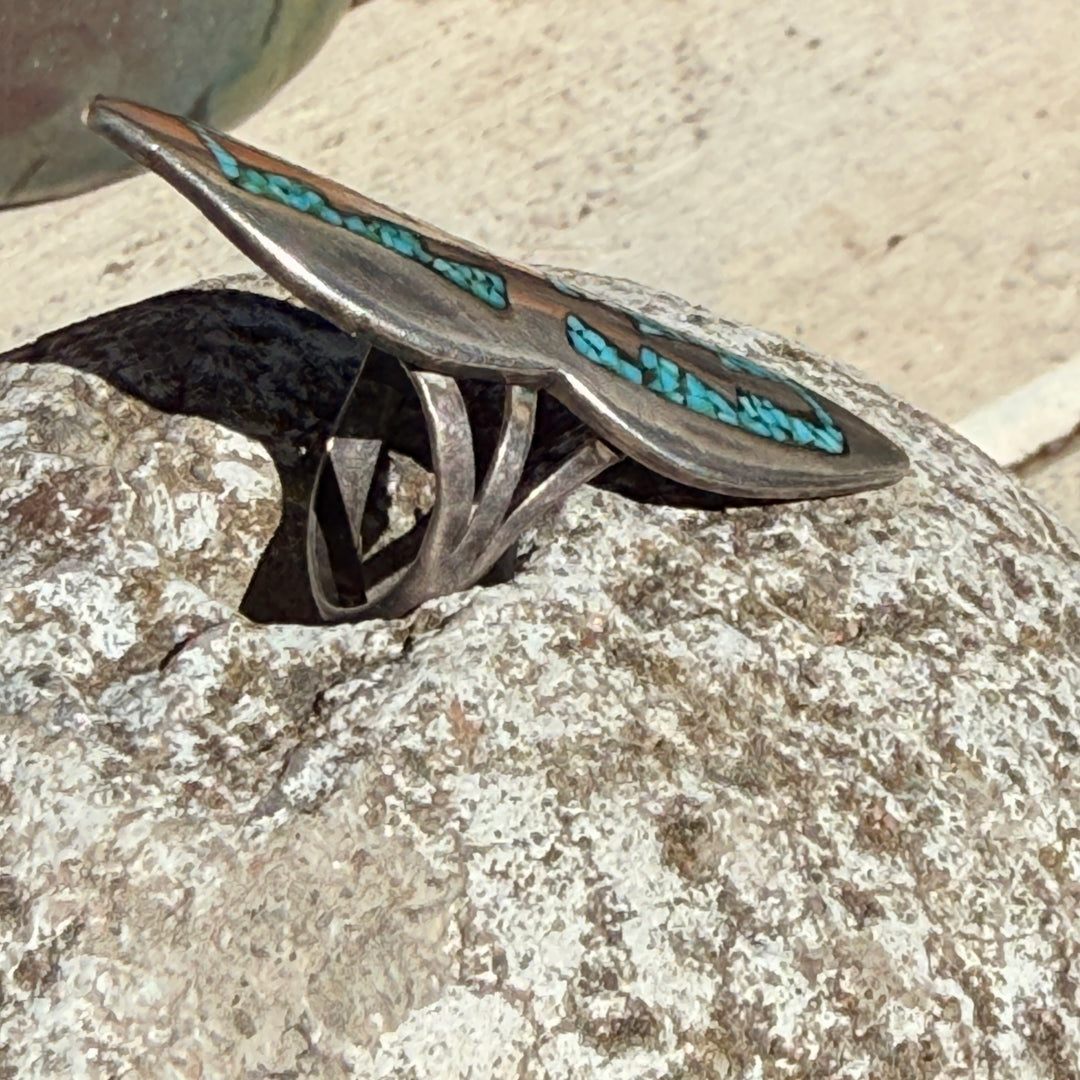Vintage Navajo Sterling Silver & Turquoise Shiprock Mosaic Size 7
