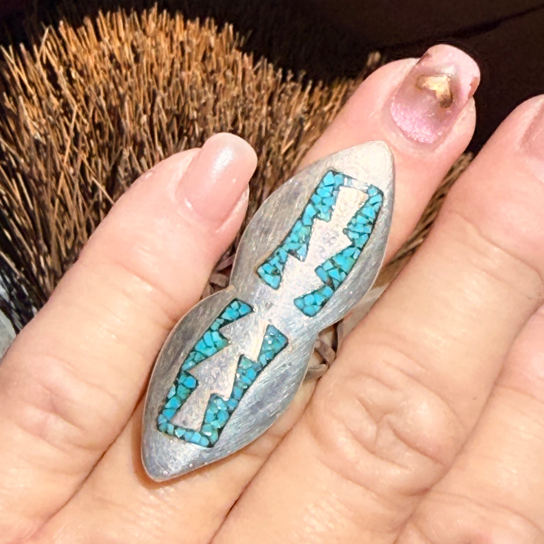 Vintage Navajo Sterling Silver & Turquoise Shiprock Mosaic Size 7
