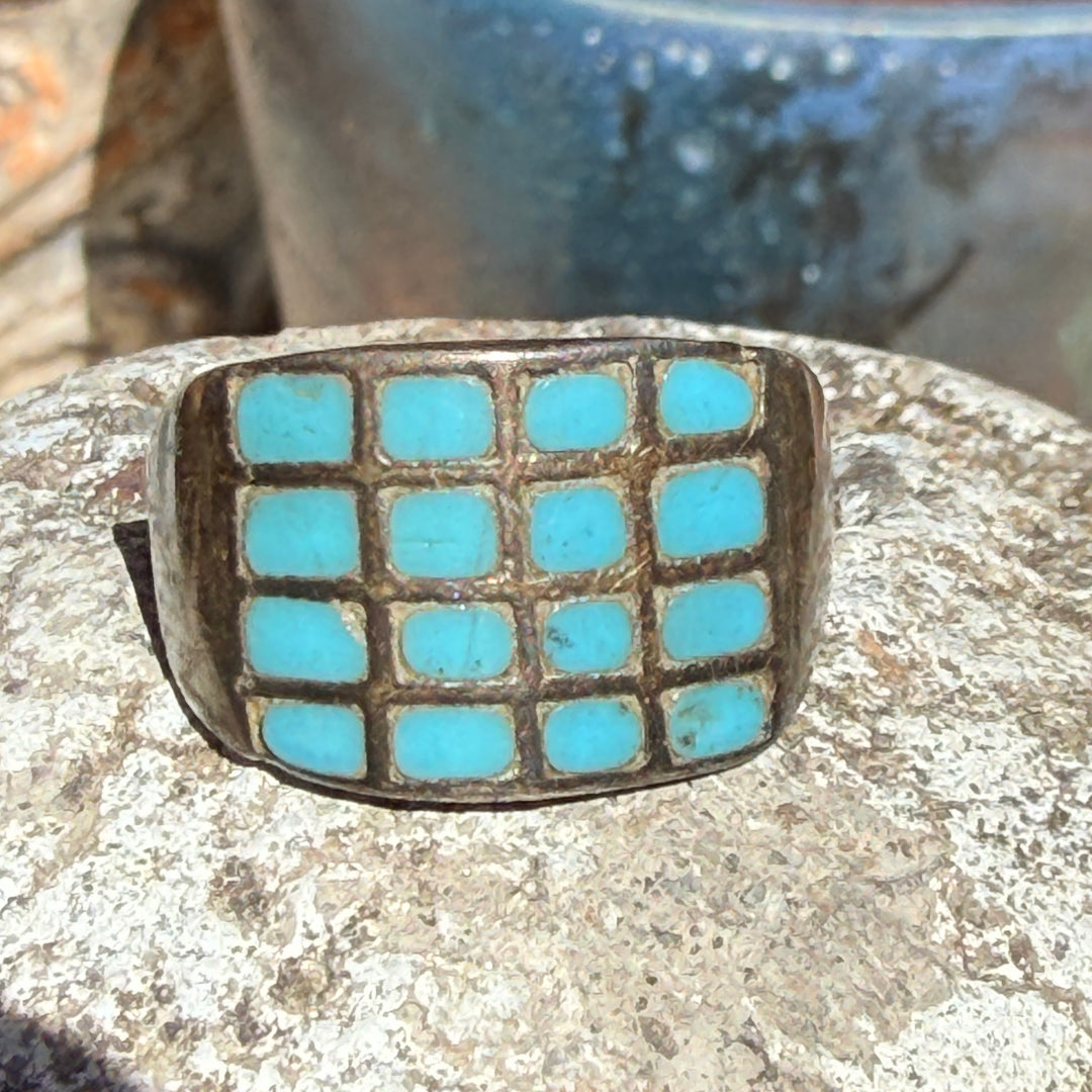 Vintage Navajo Sterling Silver & Turquoise Inlay Ring Size 10