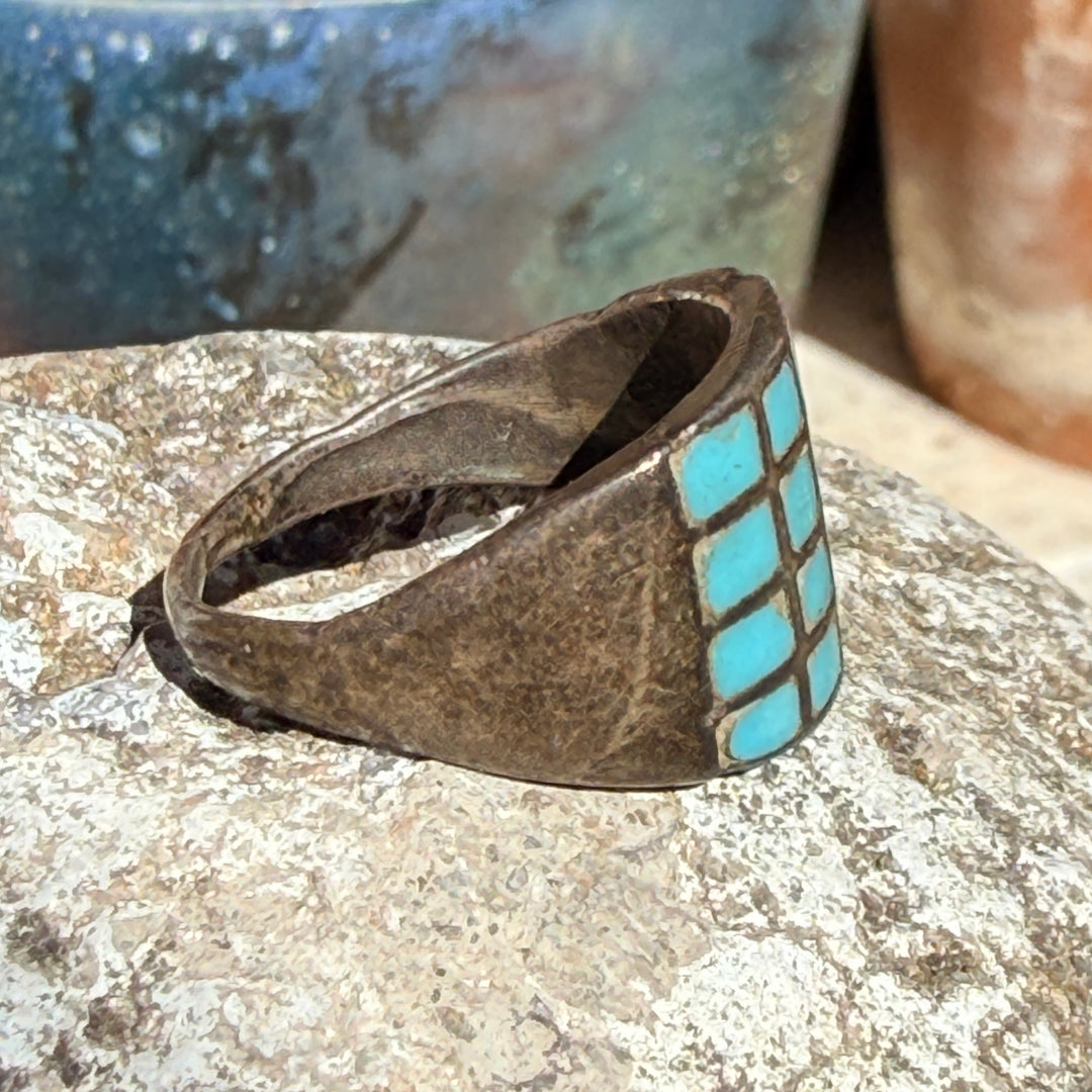 Vintage Navajo Sterling Silver & Turquoise Inlay Ring Size 10