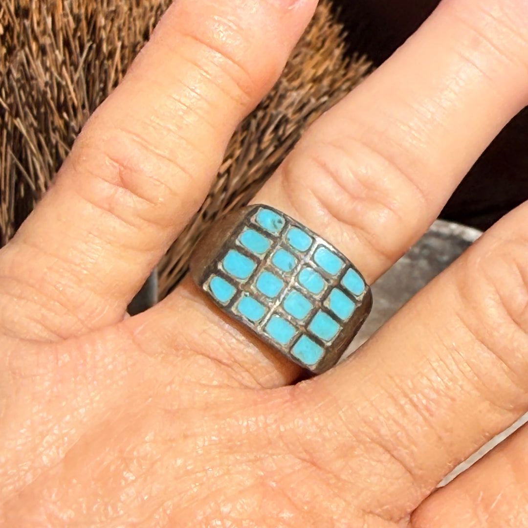 Vintage Navajo Sterling Silver & Turquoise Inlay Ring Size 10