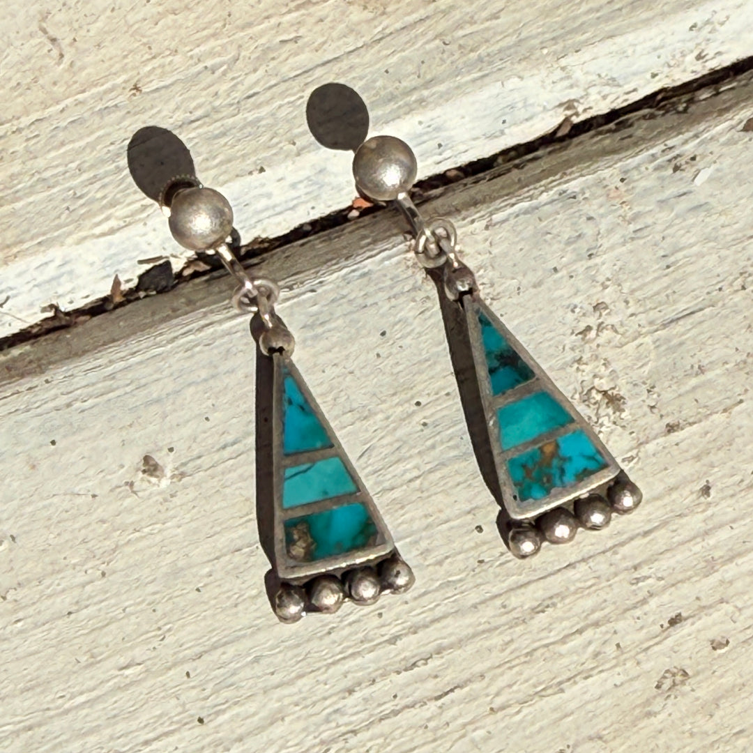 Early Native American Sterling Silver & Turquoise Inlay Screw Back Earrings