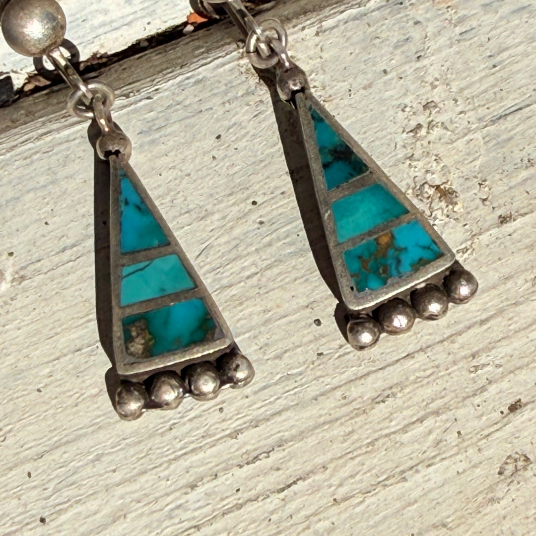 Early Native American Sterling Silver & Turquoise Inlay Screw Back Earrings