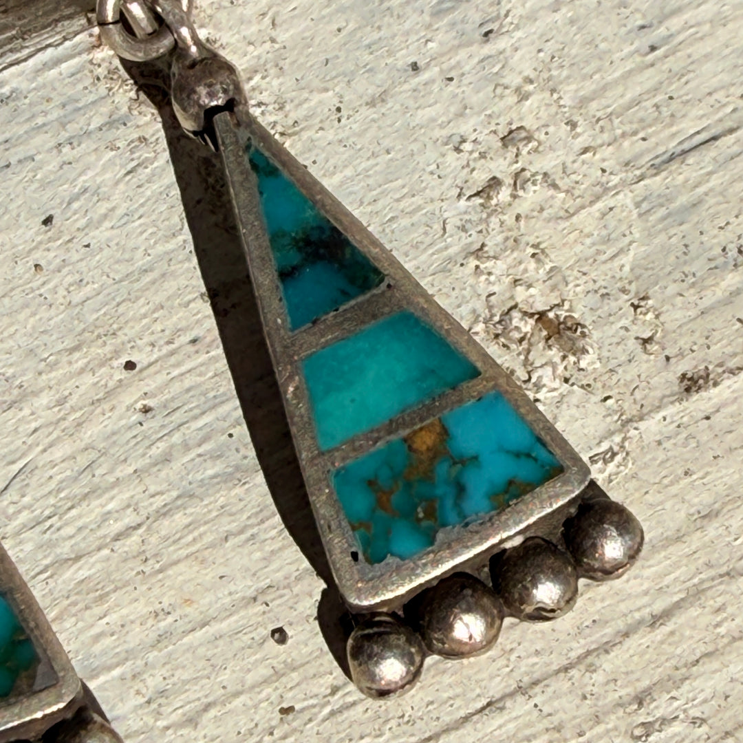 Early Native American Sterling Silver & Turquoise Inlay Screw Back Earrings