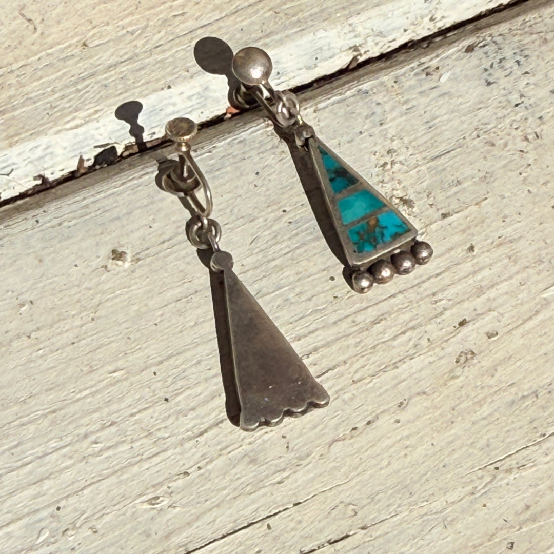 Early Native American Sterling Silver & Turquoise Inlay Screw Back Earrings