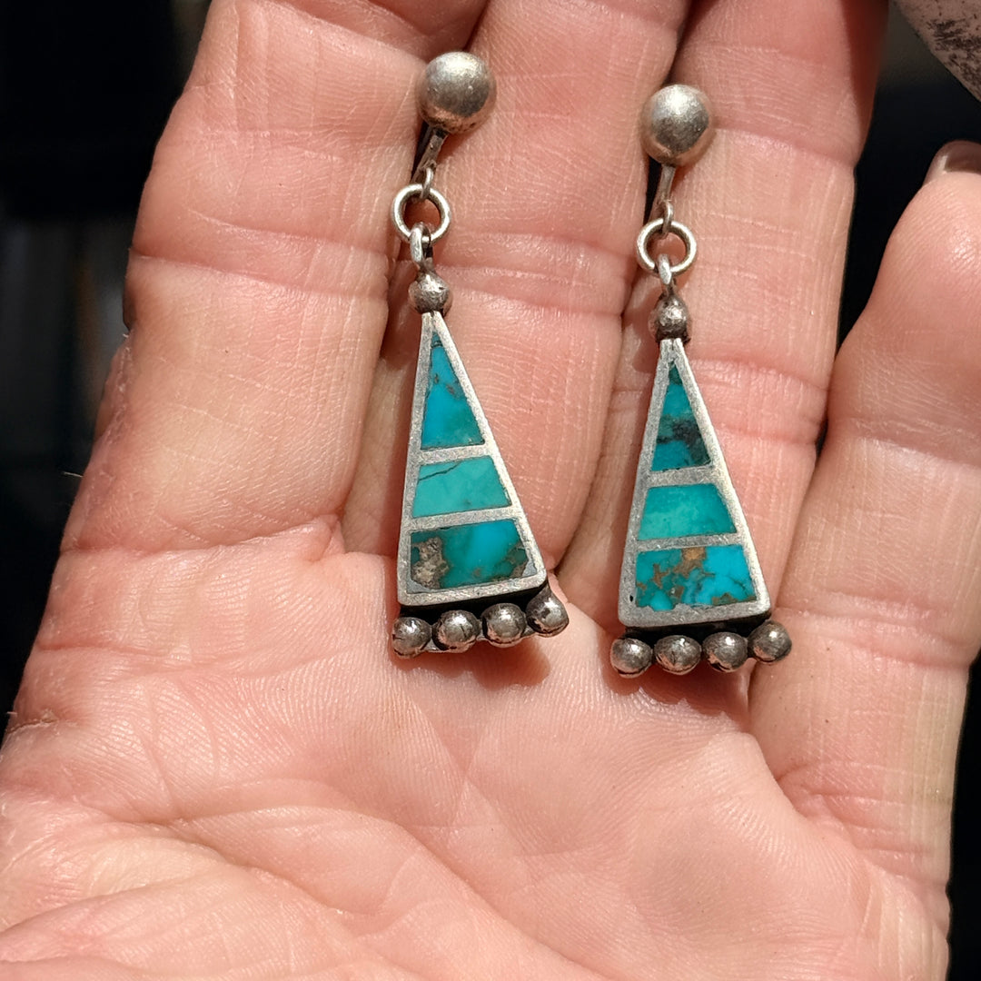 Early Native American Sterling Silver & Turquoise Inlay Screw Back Earrings
