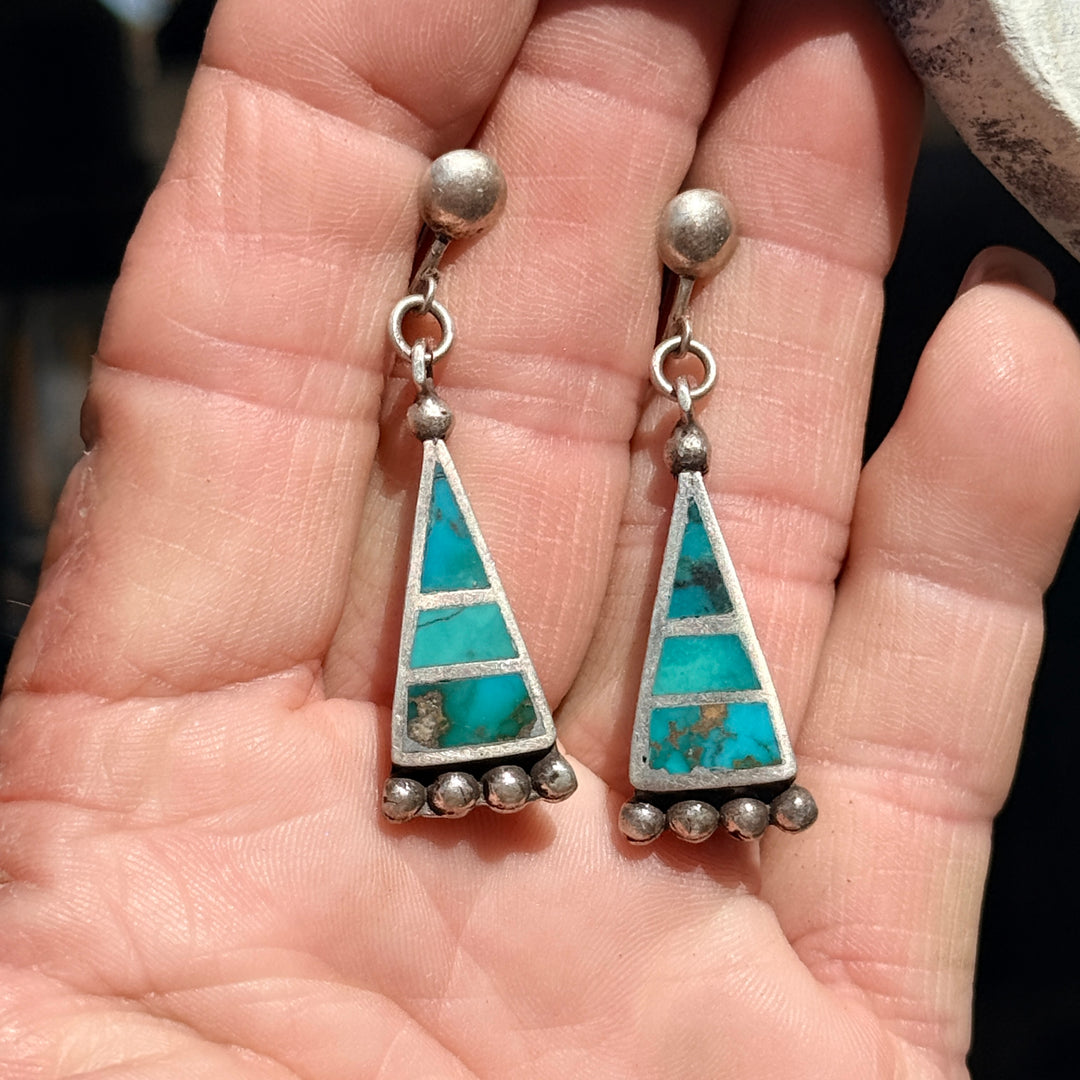 Early Native American Sterling Silver & Turquoise Inlay Screw Back Earrings