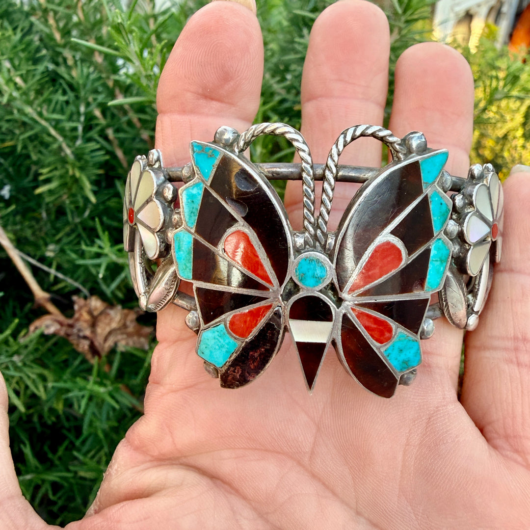 Sterling Silver Zuni Inlay Butterfly Cuff Bracelet