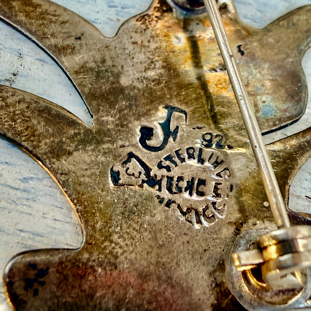 Vintage Mexican Guilloche Enamel Agave Harvester  Pin Sterling Silver