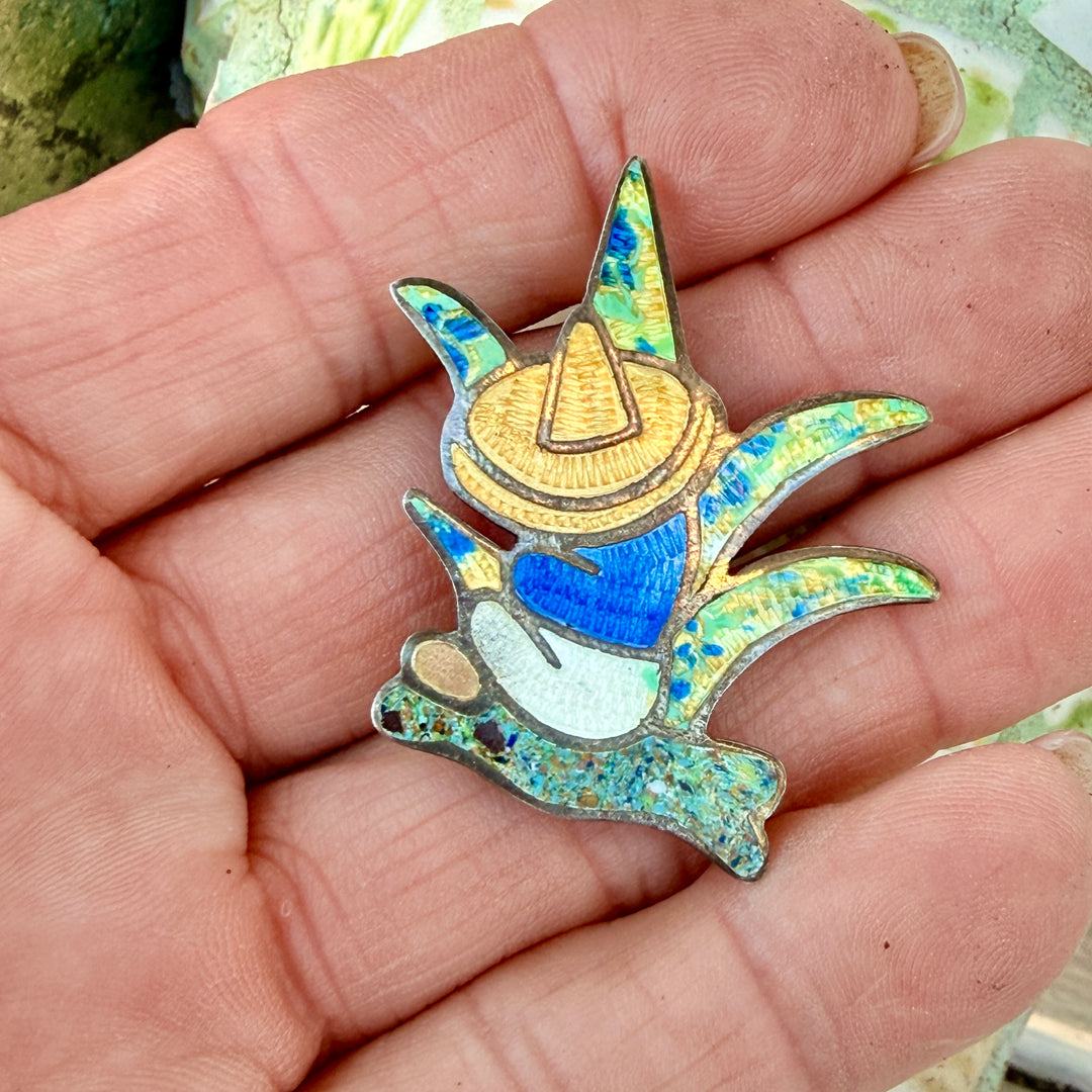 Vintage Mexican Guilloche Enamel Agave Harvester  Pin Sterling Silver