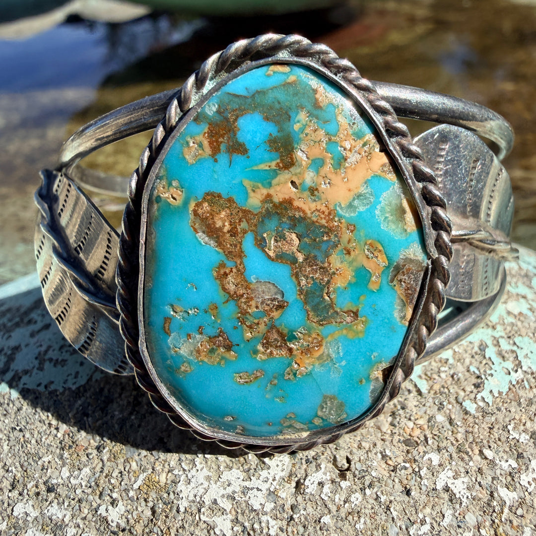 Vintage Signed Navajo Cuff Bracelet Turquoise & Sterling Silver