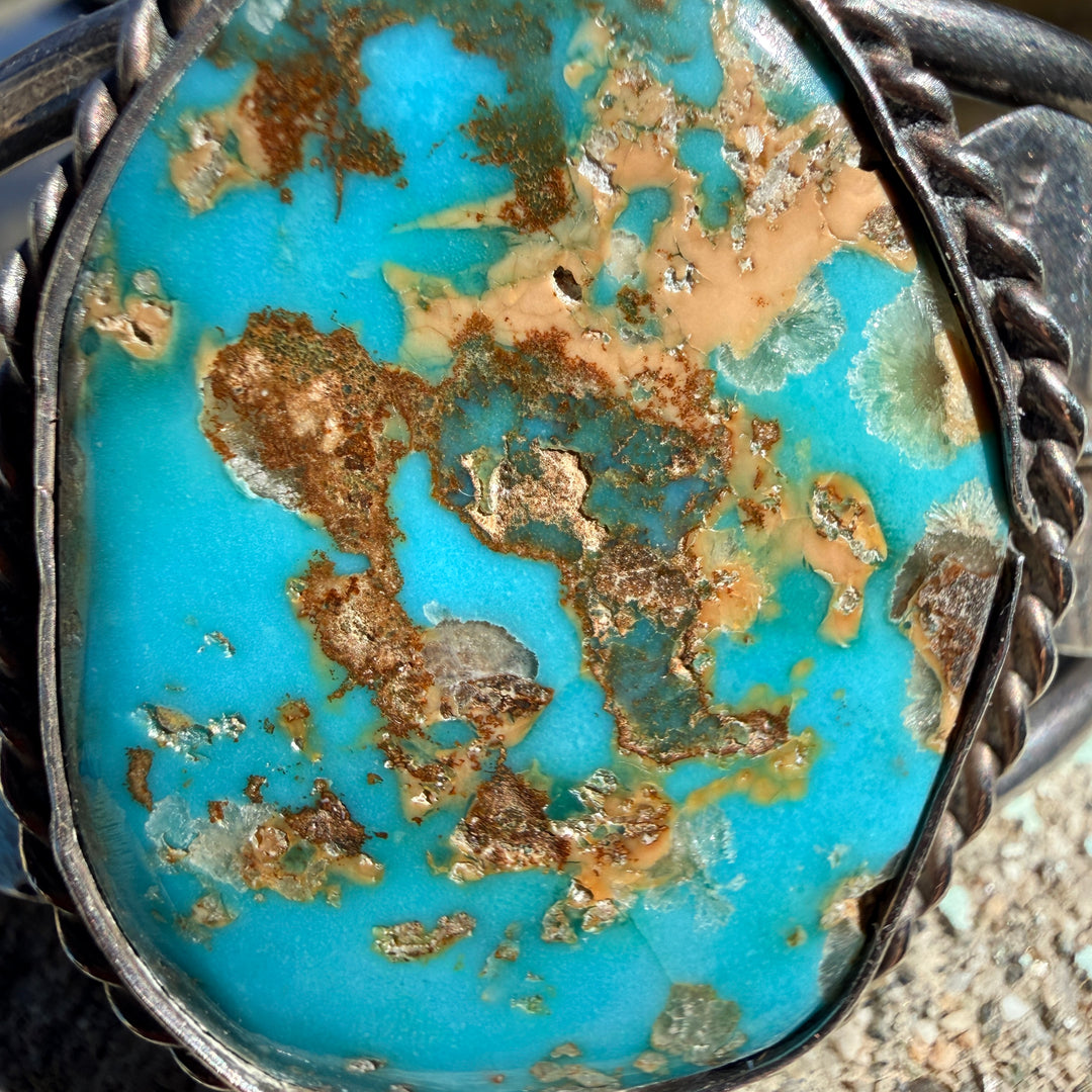 Vintage Signed Navajo Cuff Bracelet Turquoise & Sterling Silver