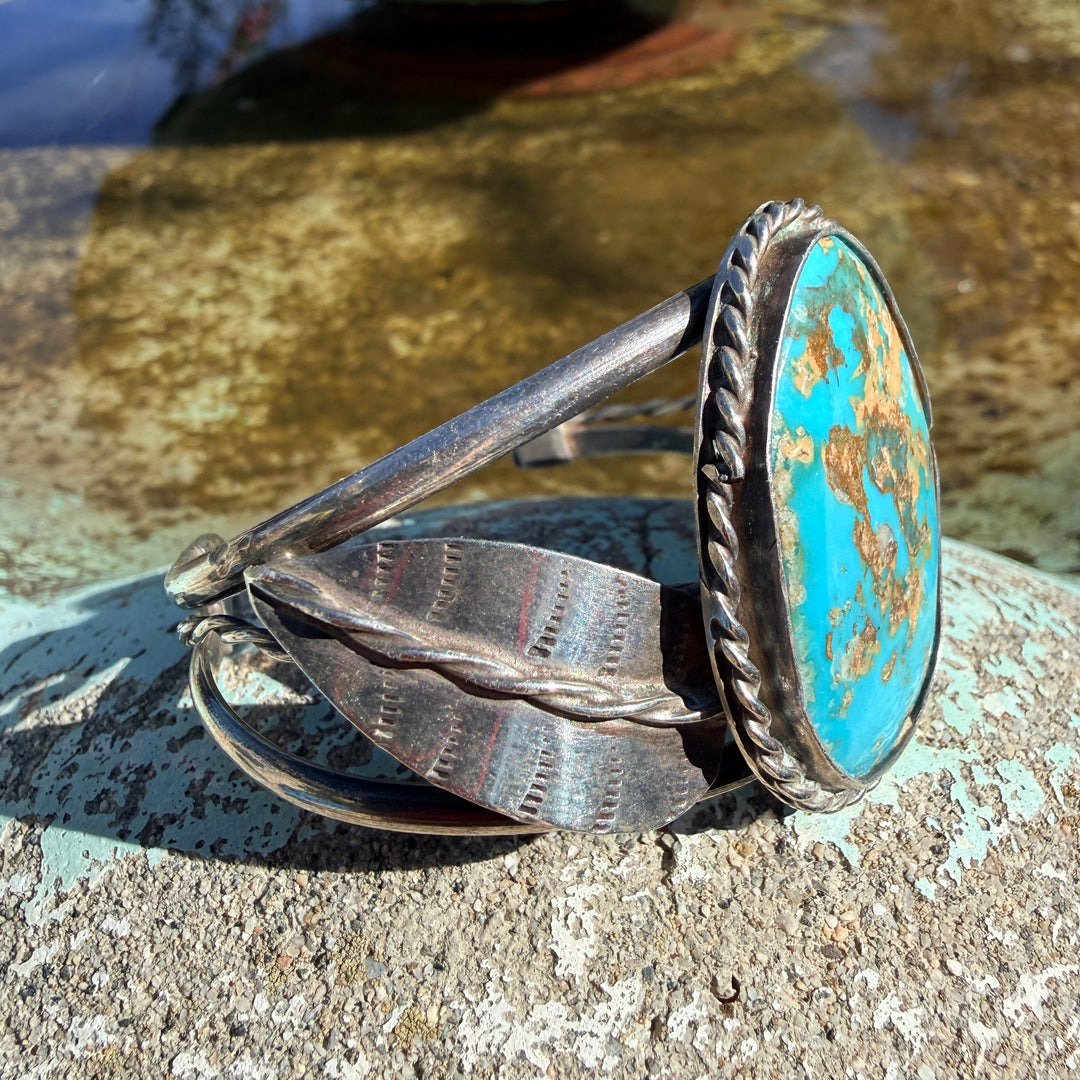 Vintage Signed Navajo Cuff Bracelet Turquoise & Sterling Silver
