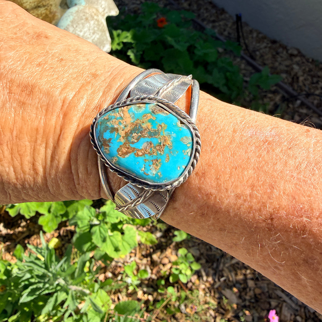 Vintage Signed Navajo Cuff Bracelet Turquoise & Sterling Silver