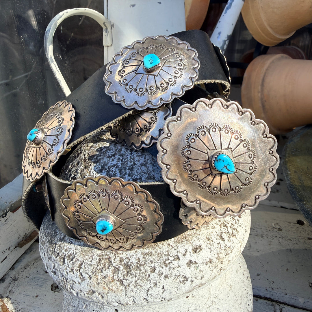 Vintage Navajo Sterling Silver & Turquoise Concho Belt