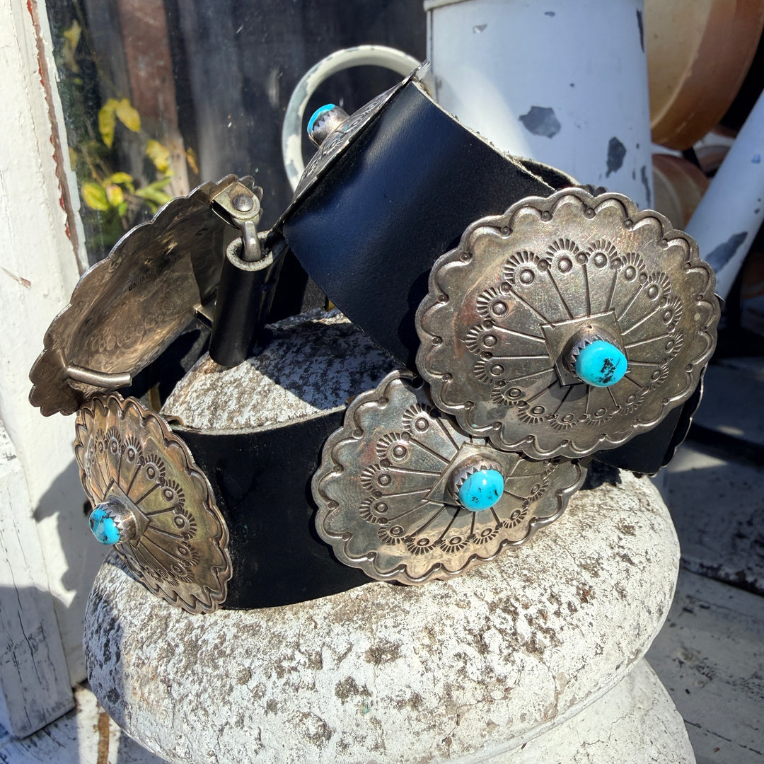 Vintage Navajo Sterling Silver & Turquoise Concho Belt