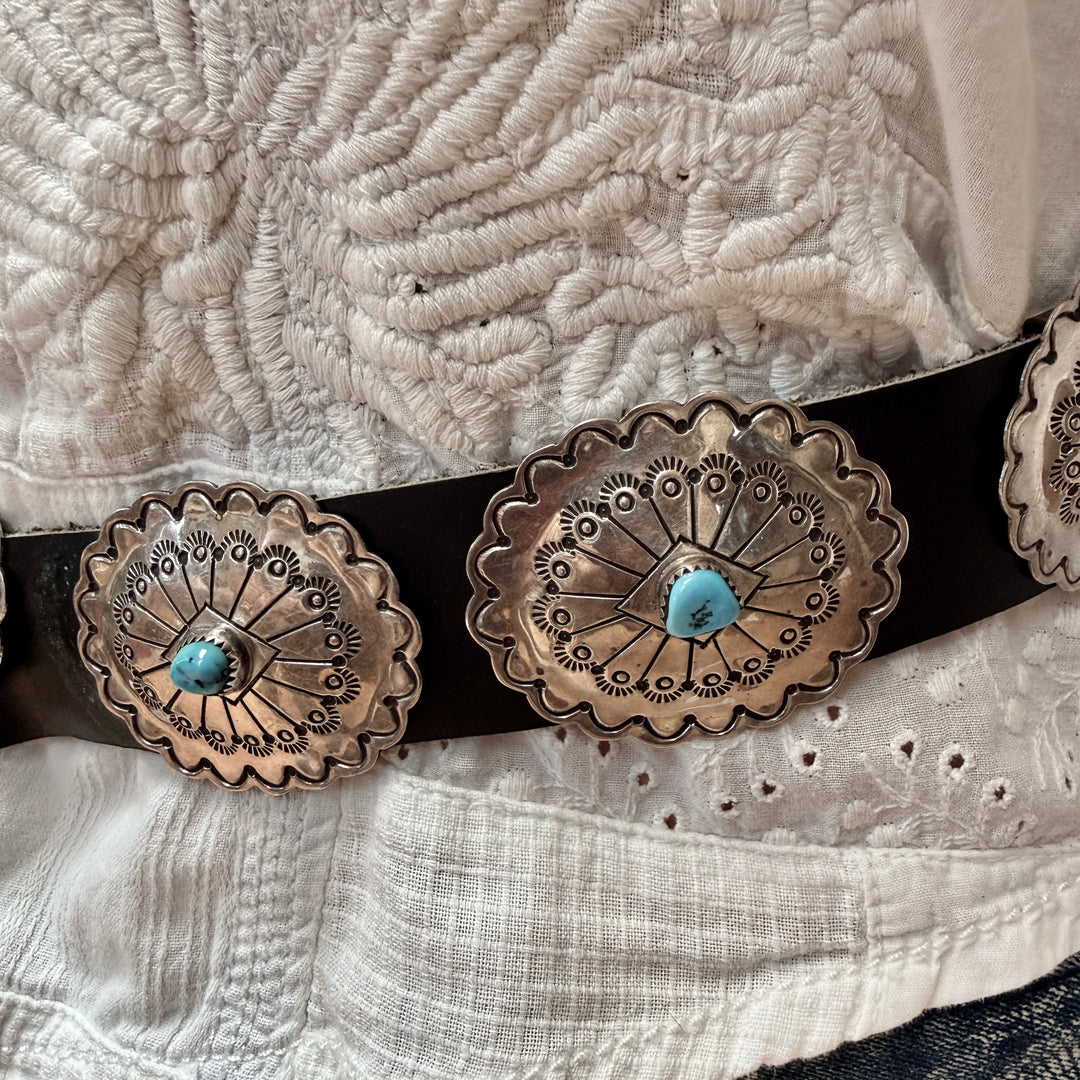 Vintage Navajo Sterling Silver & Turquoise Concho Belt