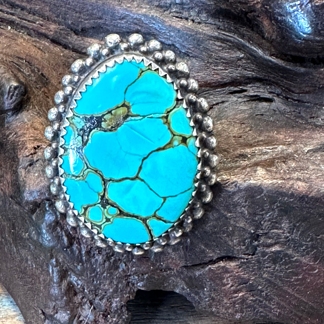 Vintage Signed Navajo Sterling Silver Spider Web Turquoise Ring 9.5