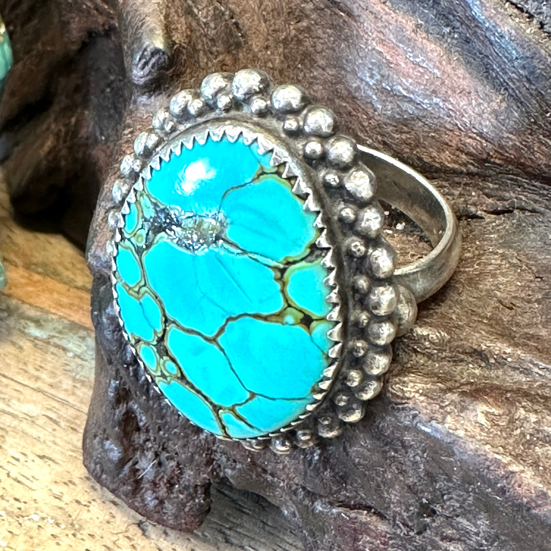 Vintage Signed Navajo Sterling Silver Spider Web Turquoise Ring 9.5