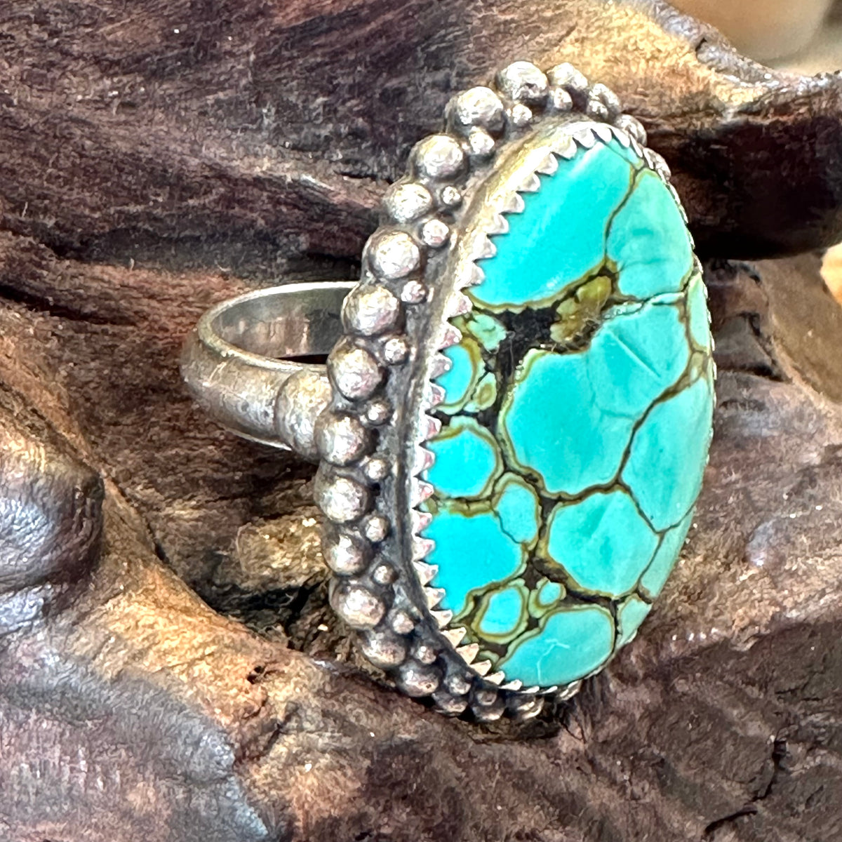 Vintage Signed Navajo Sterling Silver Spider Web Turquoise Ring 9.5
