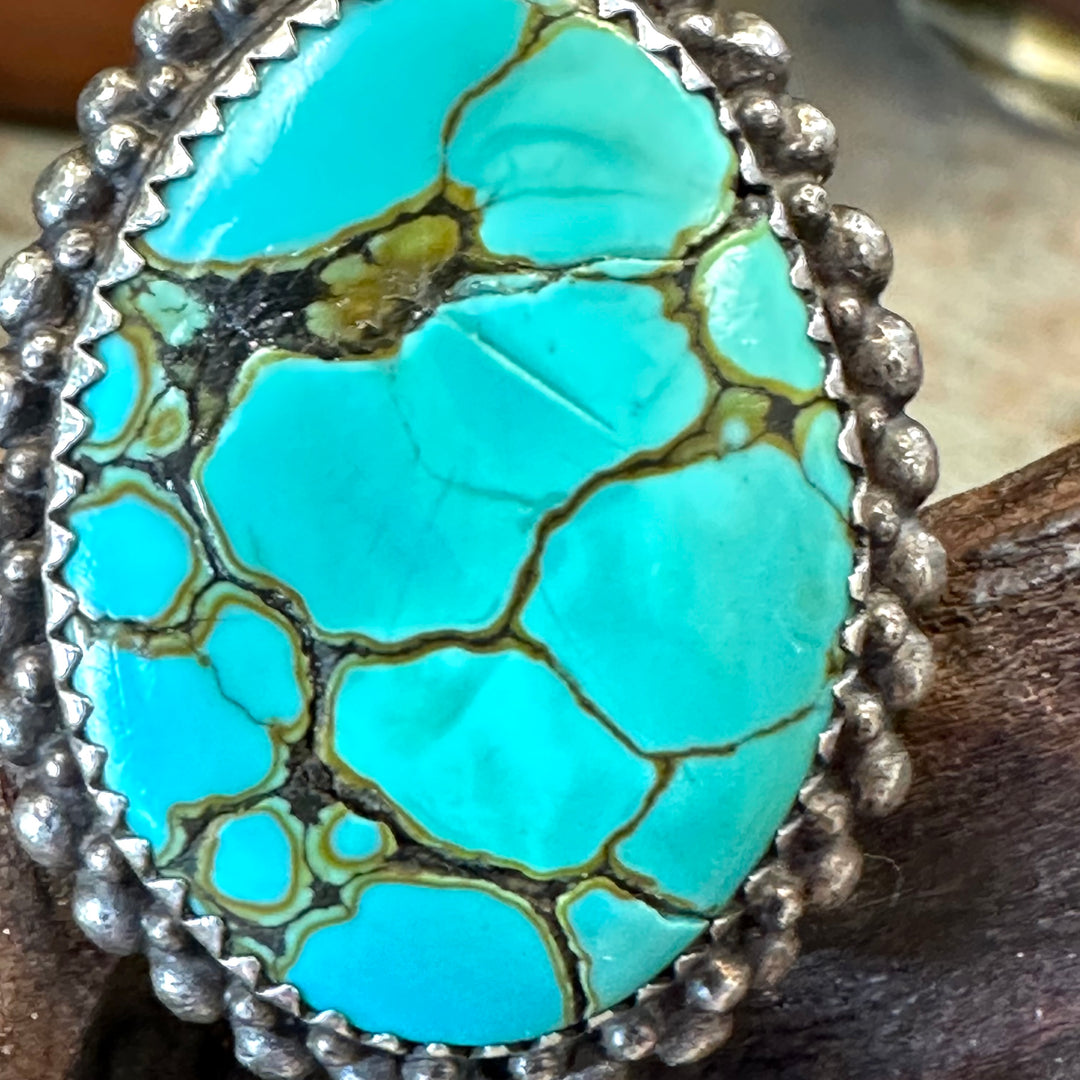 Vintage Signed Navajo Sterling Silver Spider Web Turquoise Ring 9.5