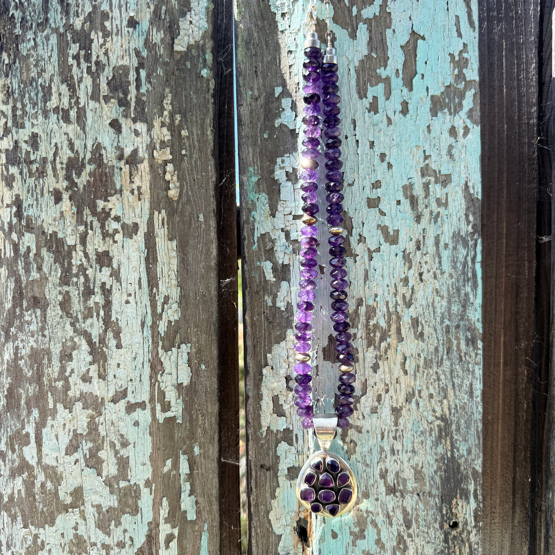 Deep Purple Faceted Bead Necklace Large Sterling Silver Enhancer Pendant
