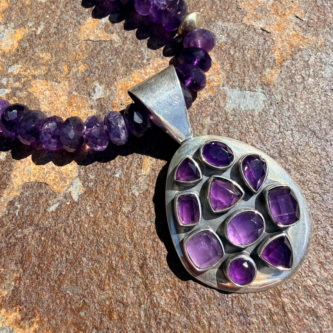 Deep Purple Faceted Bead Necklace Large Sterling Silver Enhancer Pendant