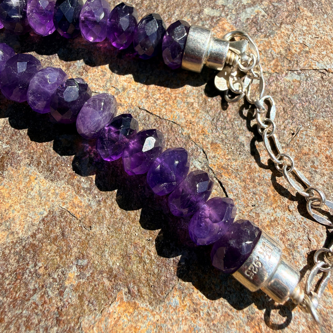 Deep Purple Faceted Bead Necklace Large Sterling Silver Enhancer Pendant