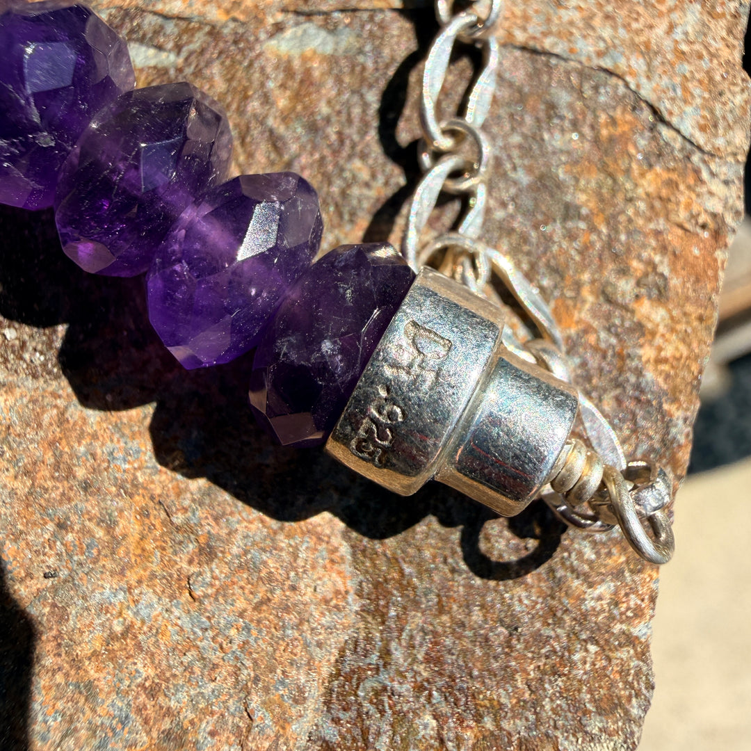 Deep Purple Faceted Bead Necklace Large Sterling Silver Enhancer Pendant