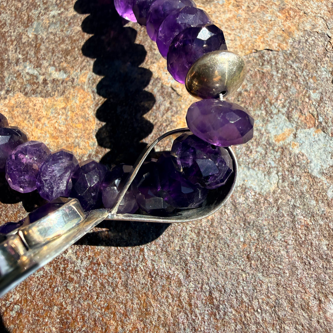 Deep Purple Faceted Bead Necklace Large Sterling Silver Enhancer Pendant