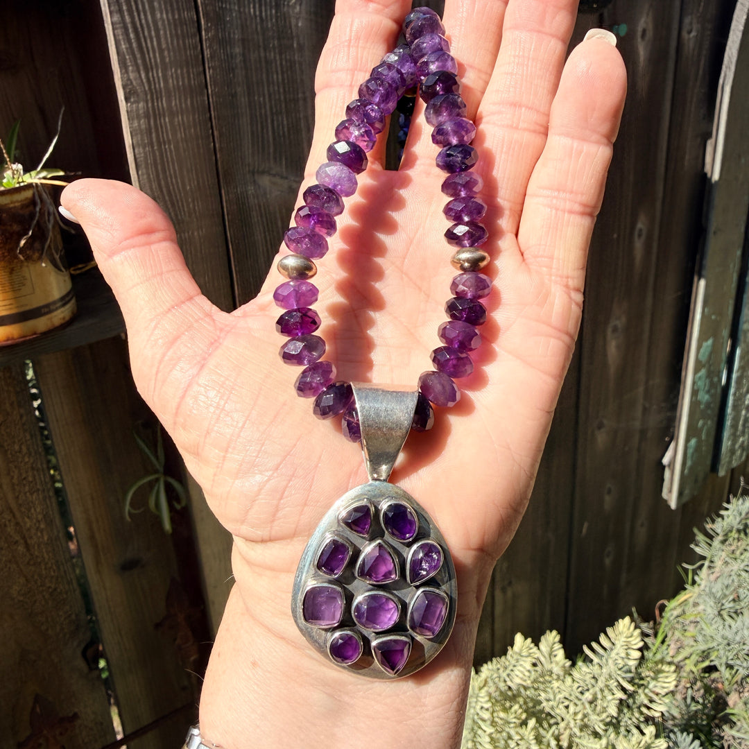 Deep Purple Faceted Bead Necklace Large Sterling Silver Enhancer Pendant