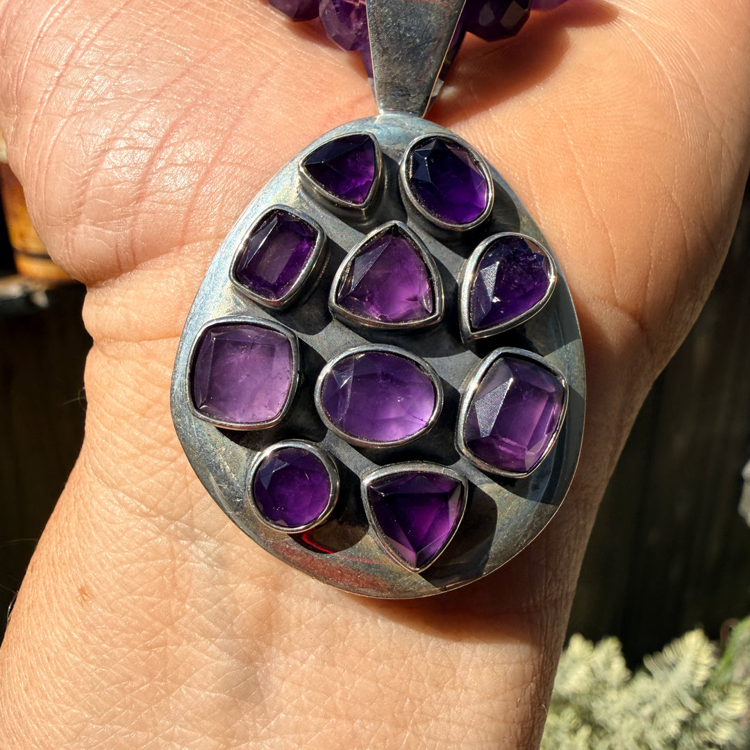 Deep Purple Faceted Bead Necklace Large Sterling Silver Enhancer Pendant