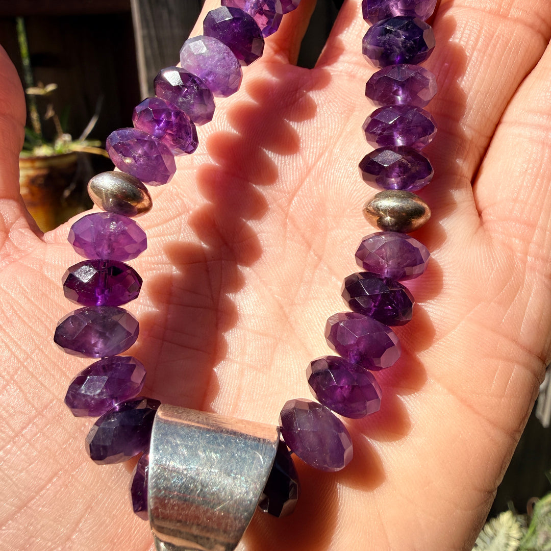 Deep Purple Faceted Bead Necklace Large Sterling Silver Enhancer Pendant