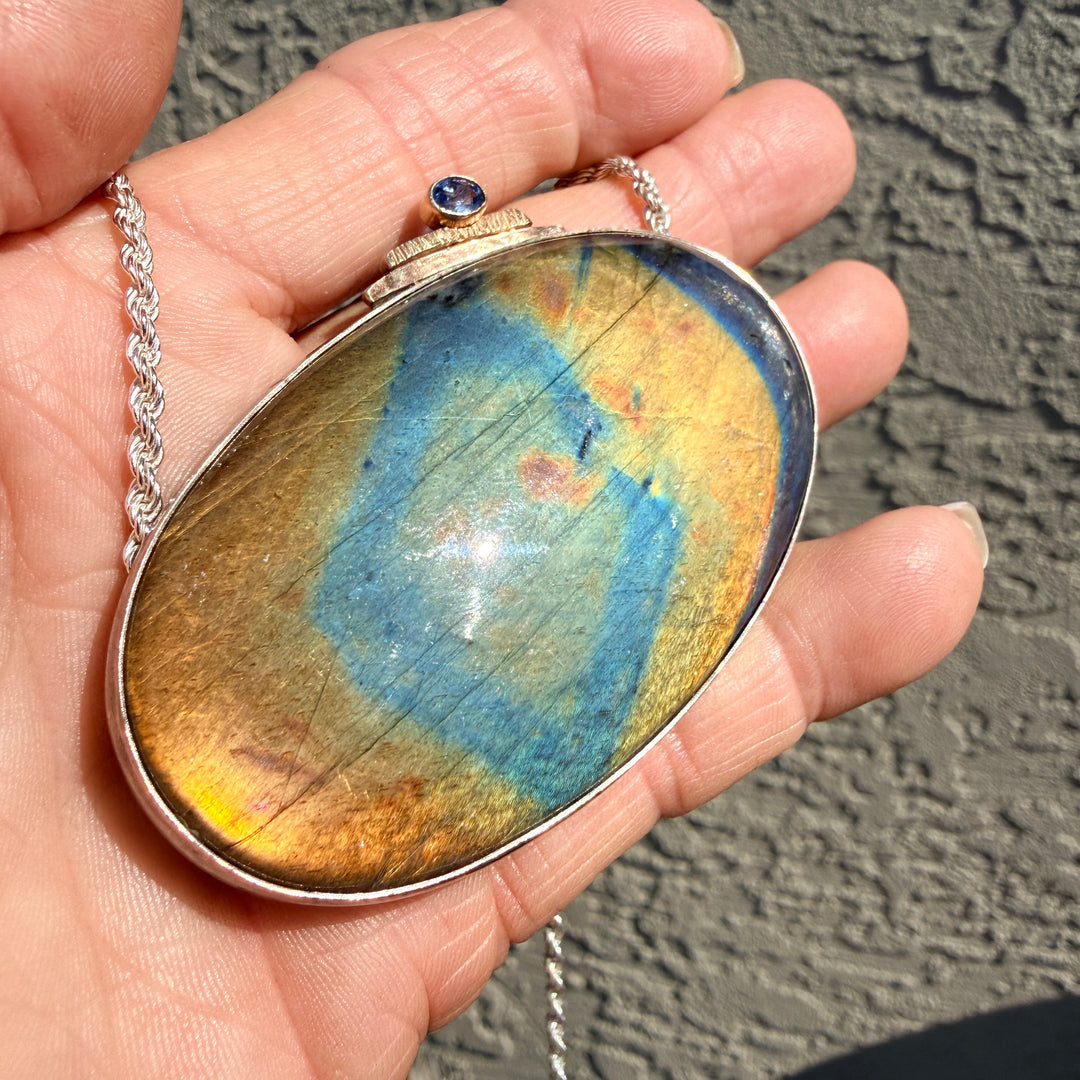 Artisan Sterling Silver 14k Yellow Gold Labradorite Sapphire Oversize Pendant