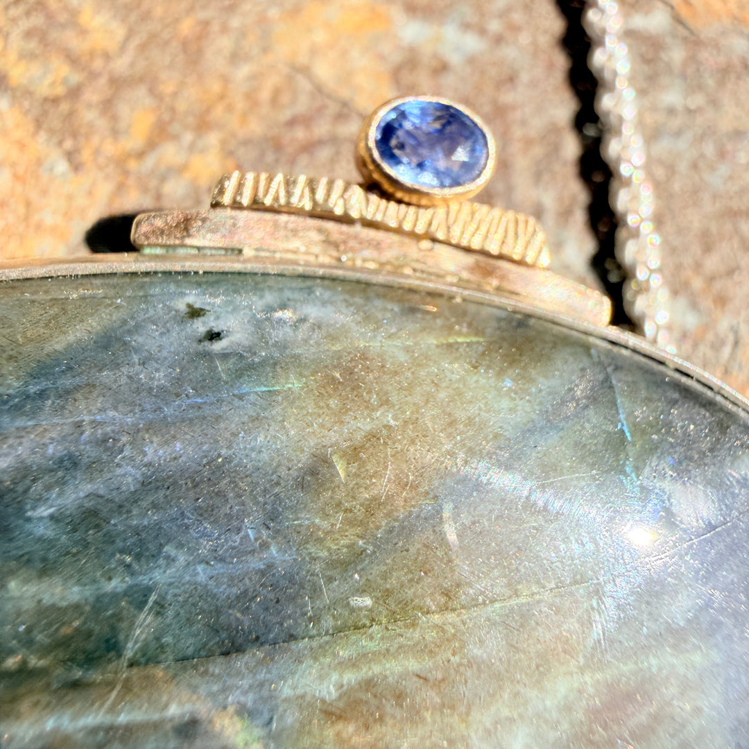 Artisan Sterling Silver 14k Yellow Gold Labradorite Sapphire Oversize Pendant