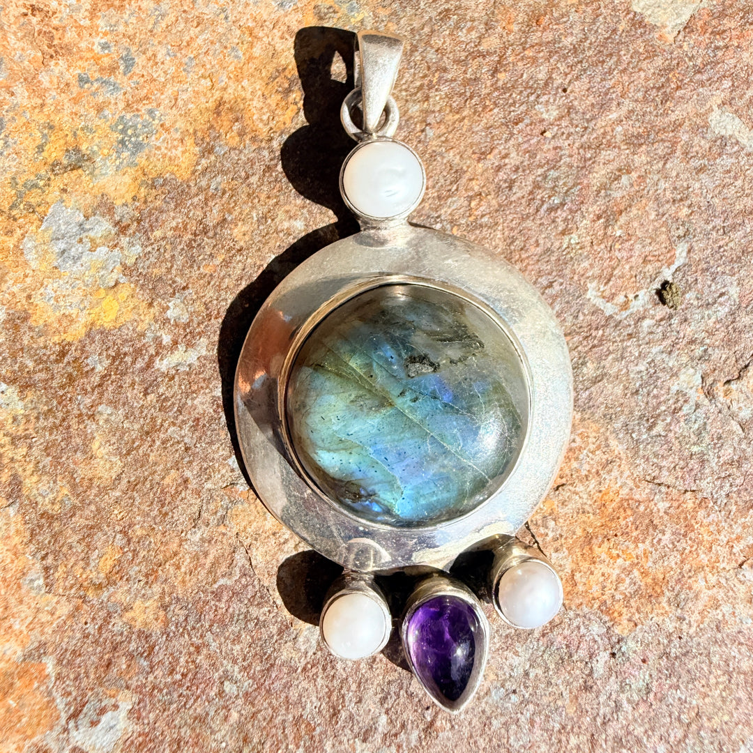 Sterling Silver Labradorite Pearl & Amethyst Pendant