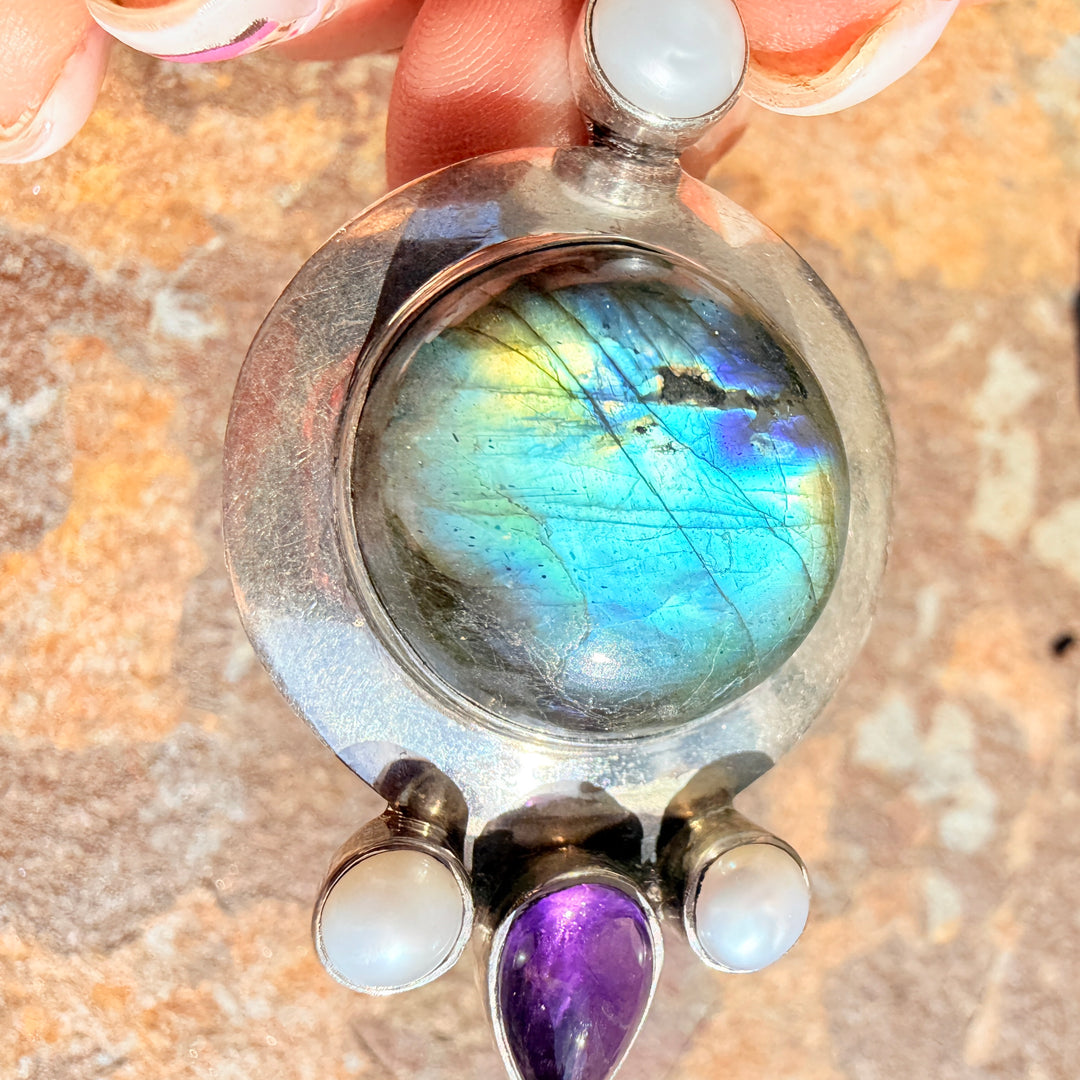 Sterling Silver Labradorite Pearl & Amethyst Pendant