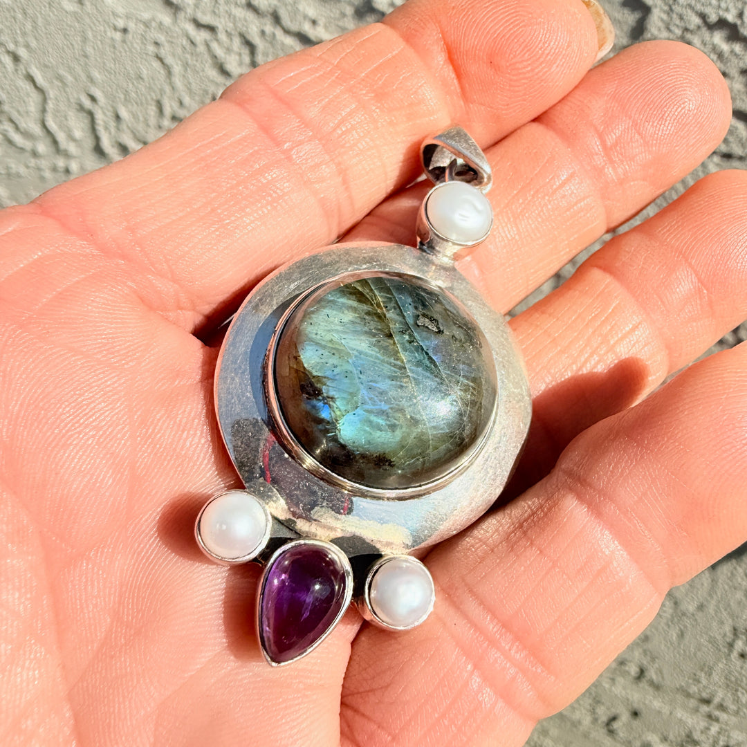 Sterling Silver Labradorite Pearl & Amethyst Pendant