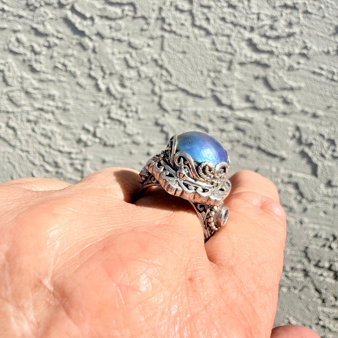 Sterling Silver Mabé Pearl Blue Topaz Ring Size 12 1/4