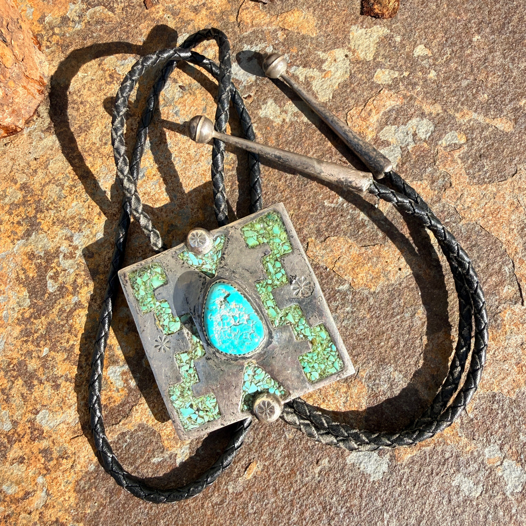 Large Vintage Navajo Sterling Silver & Turquoise Bolo Tie