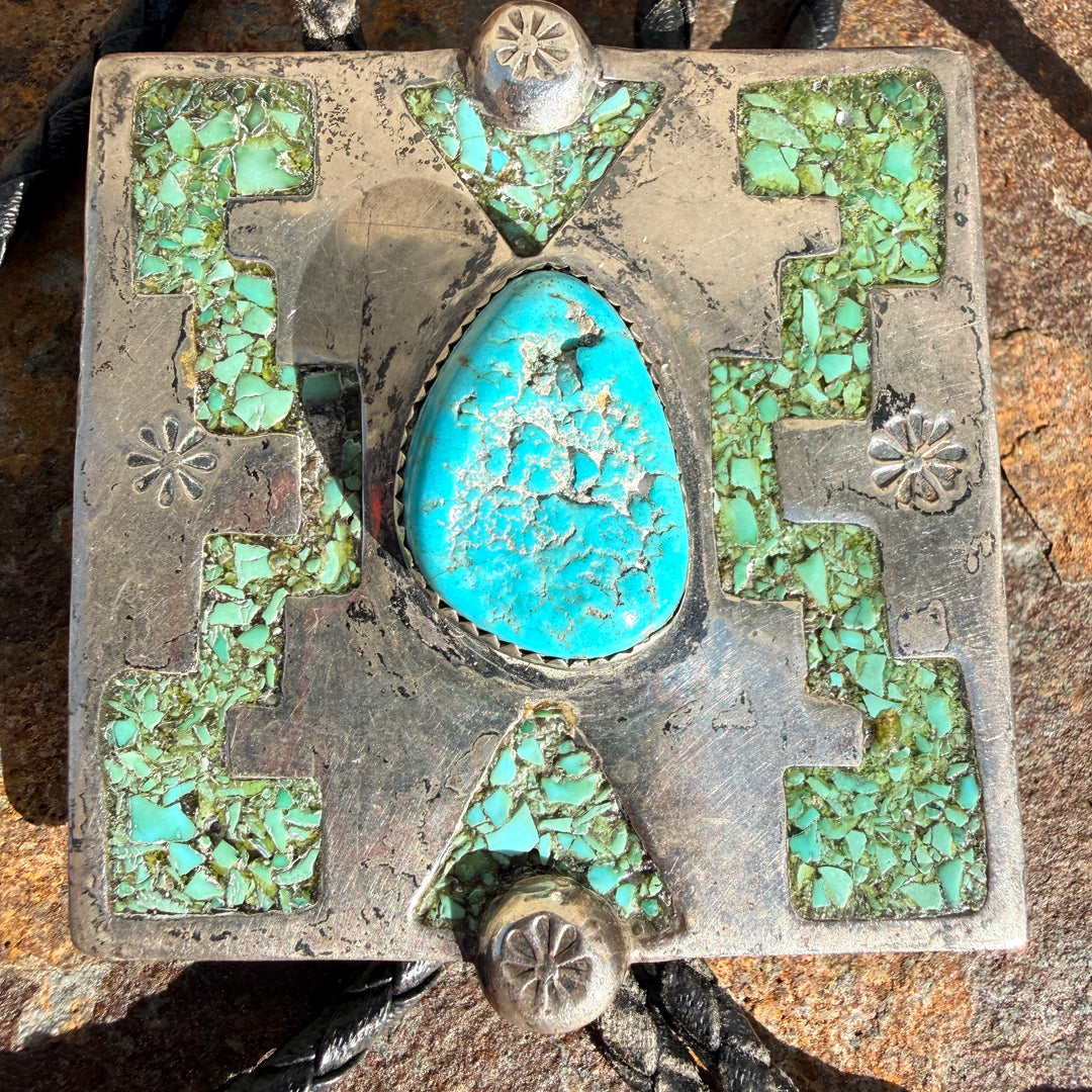 Large Vintage Navajo Sterling Silver & Turquoise Bolo Tie