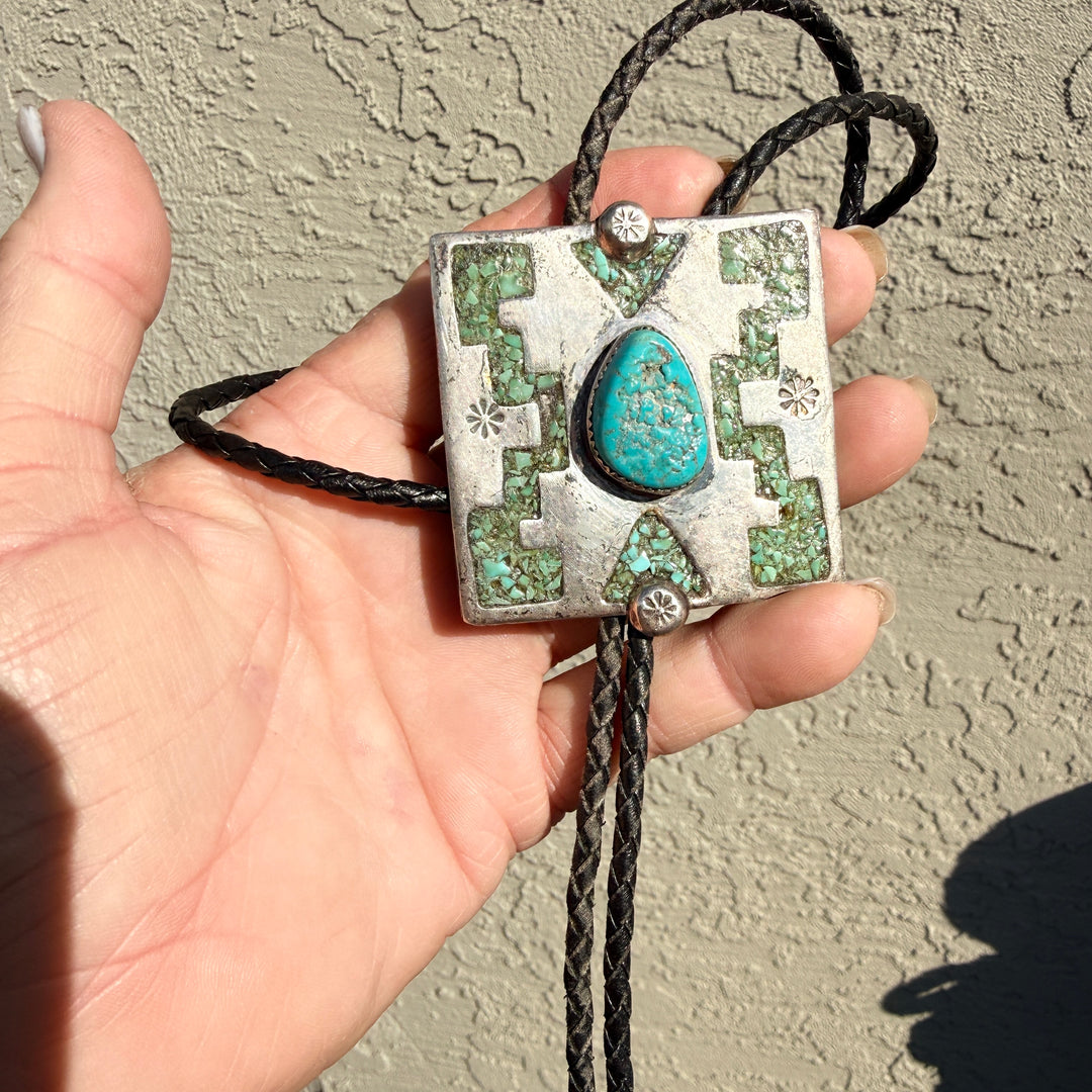Large Vintage Navajo Sterling Silver & Turquoise Bolo Tie