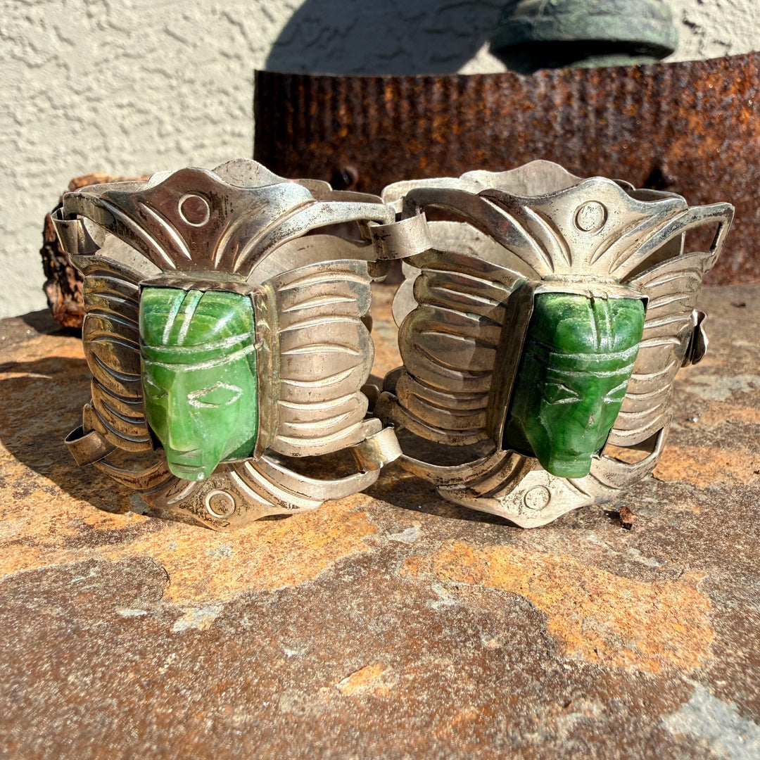 Vintage Mexican Sterling Silver & Carved Serpentine Mask Panel Bracelet