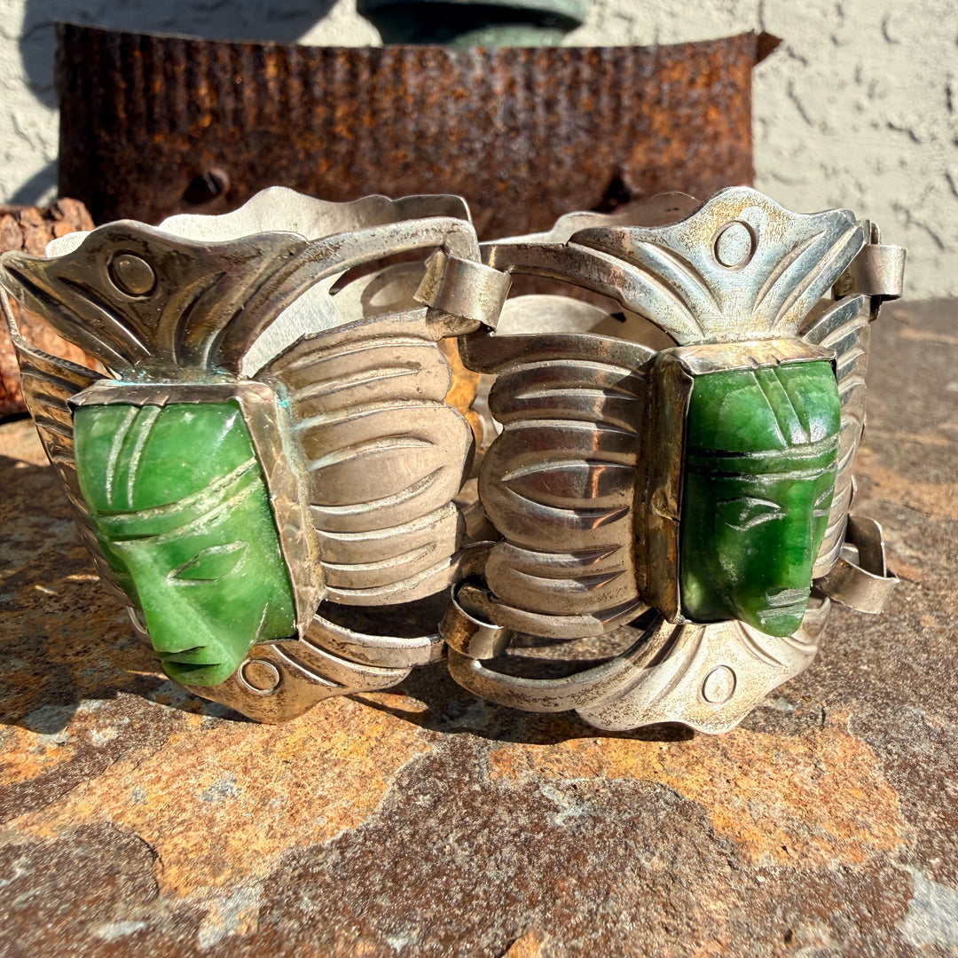 Vintage Mexican Sterling Silver & Carved Serpentine Mask Panel Bracelet