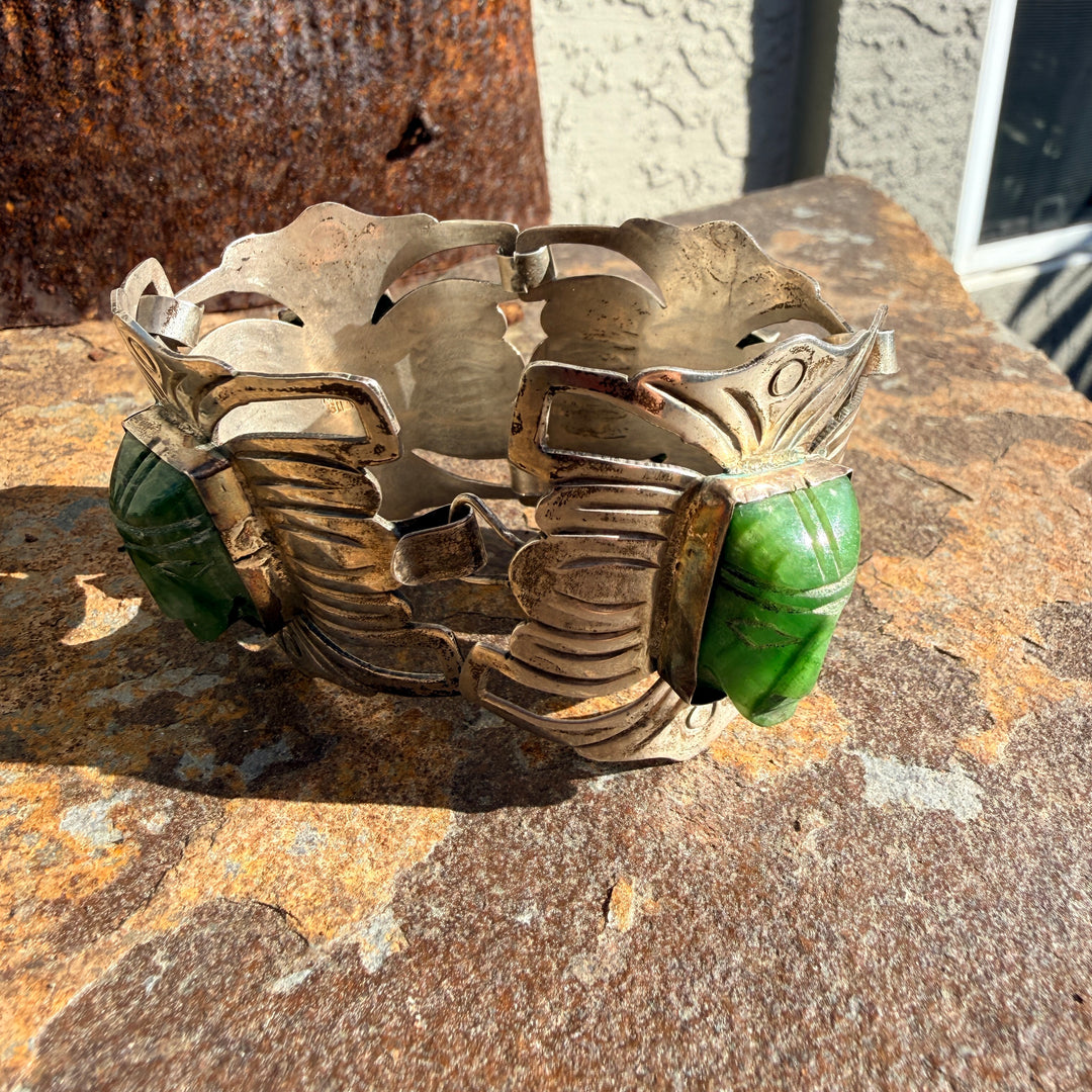 Vintage Mexican Sterling Silver & Carved Serpentine Mask Panel Bracelet
