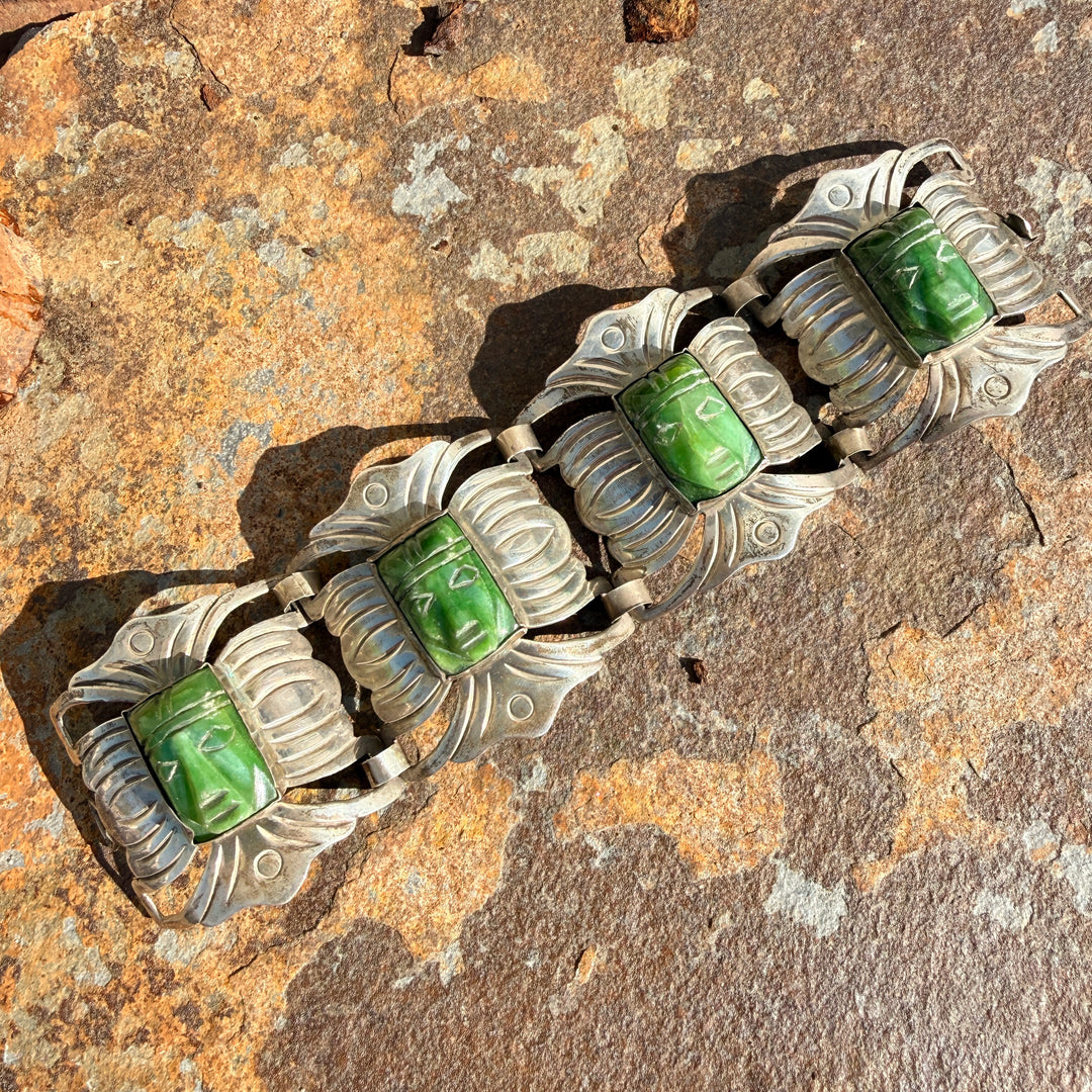 Vintage Mexican Sterling Silver & Carved Serpentine Mask Panel Bracelet